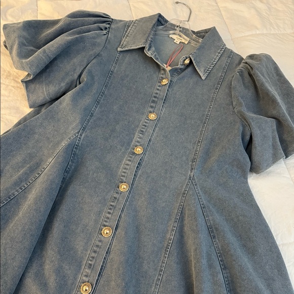 Denim puff sleeve button down babydoll dress with pockets